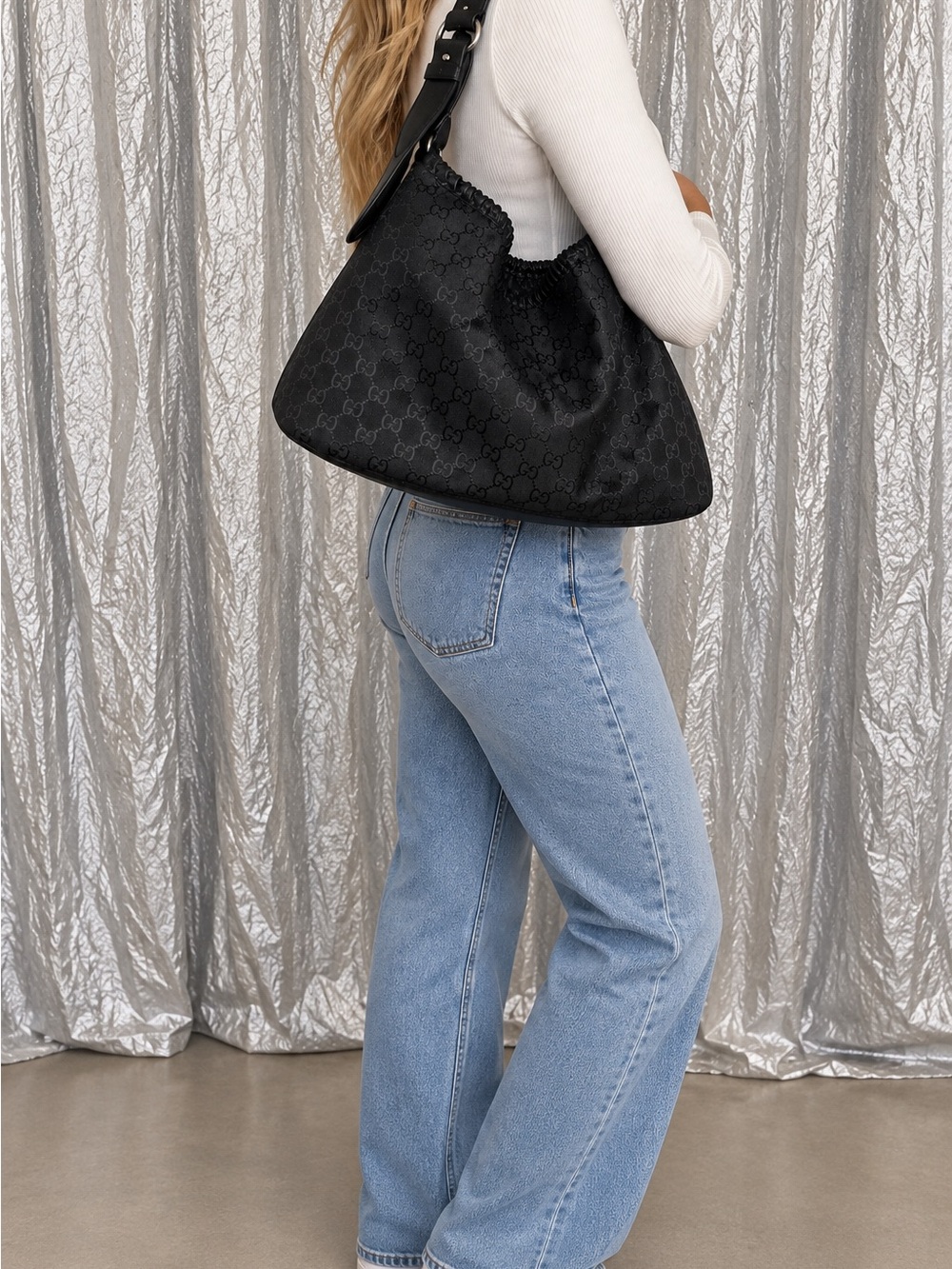 Gucci Pelham Large Tote Bag Black GG Monogram Canvas Leather Studded